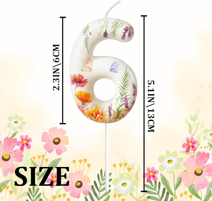 Number 6 Birthday Candle for Cake – Floral Botanical Design with Butterfly Detail – Elegant Cake Topper for Birthday, Garden Party Decoration