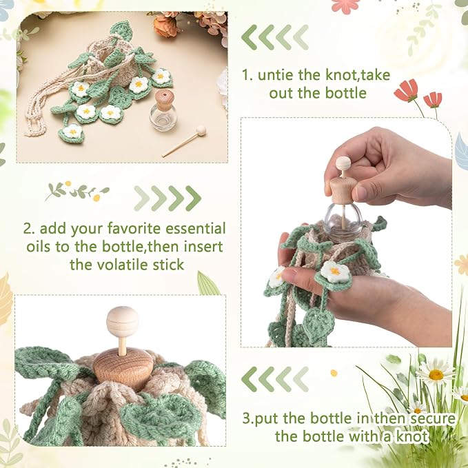 DaisyInner Cute Crochet Plant Car Freshener 12ml Empty Refillable Diffuser Bottle with Plants Hanging Accessories for Ornaments Charms Rearview Mirror Home Office Decor Women Gifts(Daisy)