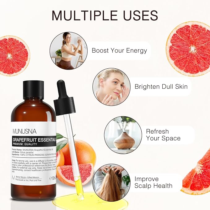 Grapefruit Essential Oil 100ML, 100% Pure and Natural Grapefruit Oil Aromatherapy Oil for Diffuser, Skin & Hair Care, Massage, Yoga, Home, Soap and Candle Making