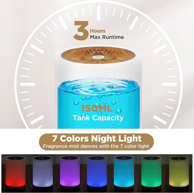 150ML Essential Oil Diffuser, Small Portable Aromatherapy Diffuser, Home Fragrance Aroma Diffuser with 7-Color LED Light, Ultrasonic Cool Mist Humidifier/Air Revitalizer for Bedroom（Light Color）