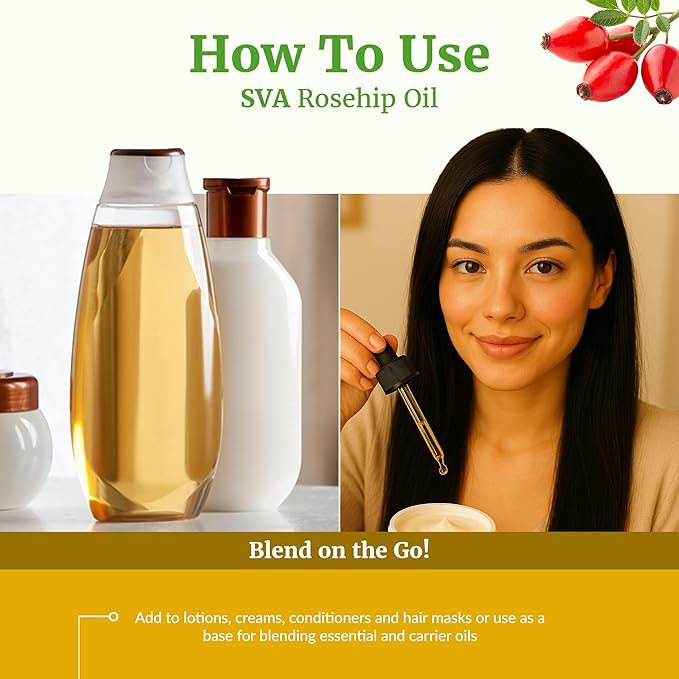 SVA Rosehip Seed Oil - 4 Fl Oz – 100% Natural & Cold Pressed - for Face, Skin Care, Hair Care, Scalp Massage & Body Massage – Carrier Oil with Dropper