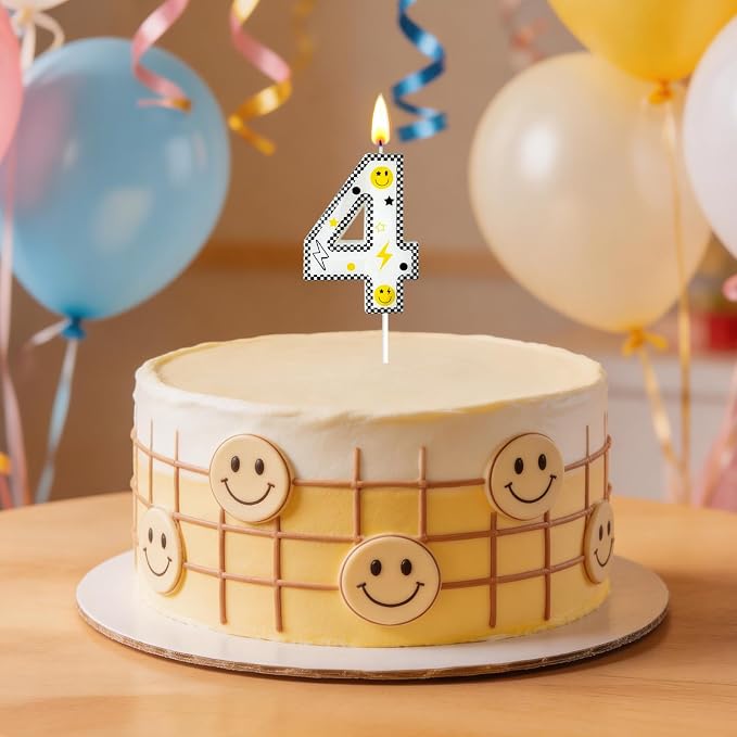 Number 4 Birthday Candle for Cake – 2.7 Inch Large Size Black White Checkered Smiley Design with Lightning & Star – four Happy Dude Theme Cake Topper Decoration