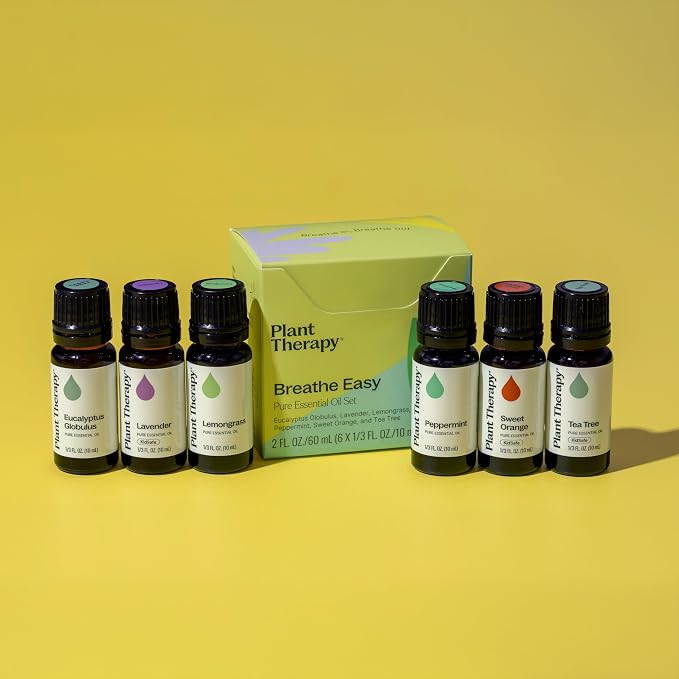 Plant Therapy Breathe Easy Essential Oil Set of 6 Bottles 10 mL (1/3 oz) Each, Lavender, Eucalyptus, Peppermint, Lemongrass, Orange Sweet, Tea Tree, 100% Pure, Aromatherapy