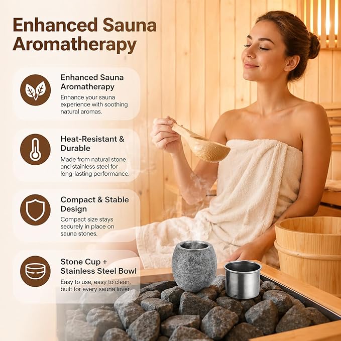 Hushee 1 Pc Sauna Aromatherapy Stone Cup, Sauna Essential Oil Diffuser, Aromatherapy Bowl Accessories with Stainless Steel Diffuser Bowl for Spa Luxury Oil Holder