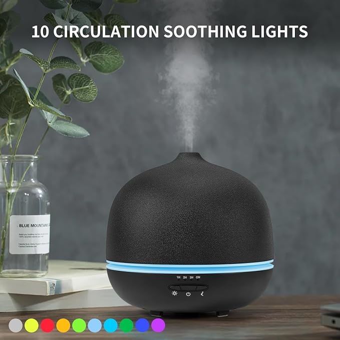 500ml Essential Oil Diffuser,Black Large Ceramic Diffusers,Ultrasonic Cool Mist Humidifier with 4 Timer & 10 Colors Light for Home,Gift