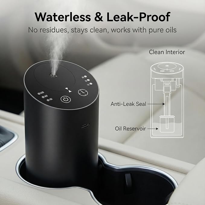 Car Diffuser, Waterless Essential Oil Diffuser with 2000mAh Battery & Timer, Adjustable Mist Cordless Aromatherapy for Car, Portable Air Freshener with Premium Aluminum Alloy & Type-C Charging (Black)