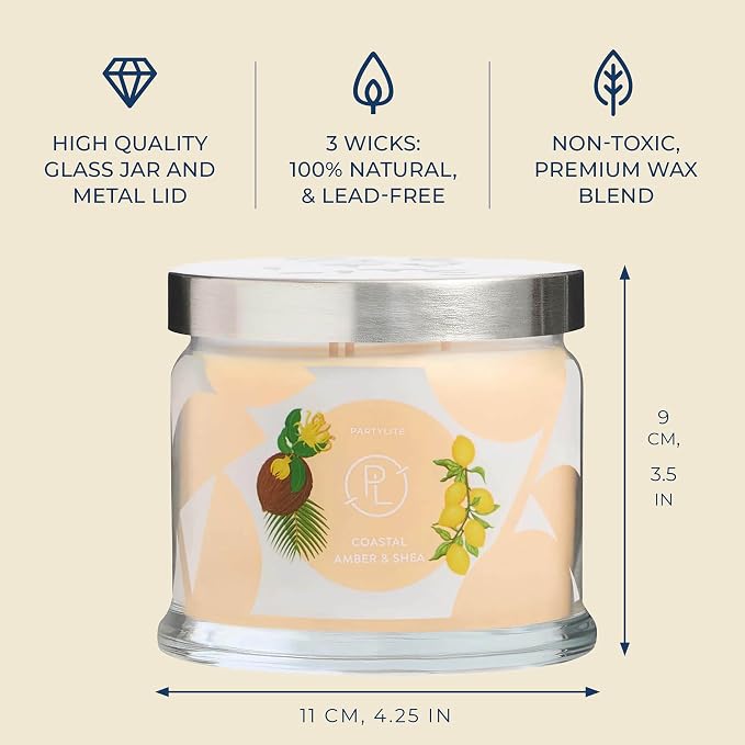 PartyLite Coastal Amber & Shea Scented, Notes of Ylang Flower, Citron, Sweet Coconut & Amber Creme, 13.2oz 3-Wick Jar Candle, 45 Hour Burn Time, Luxurious Fragrance, Ideal for Gifting