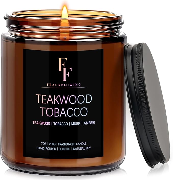 Teakwook Tobacco Scented Candle for Home Soy Wax Candle, Aromatherapy Candle Gift for Women Men, 7oz