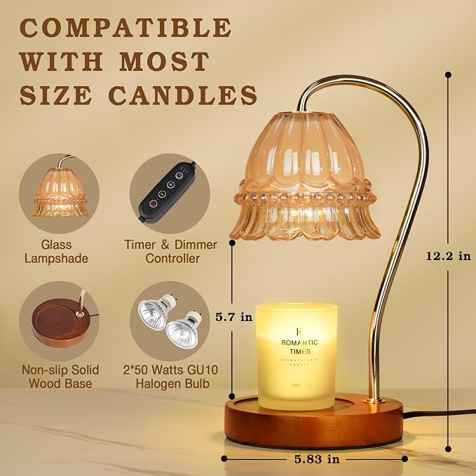 Funistree Flower Candle Warmer Lamp with Timer, Dimmable Candle Lamp Warmer, Christmas Birthday Gifts for Women Mom Her, Housewarming Home Decor, Lotus Wax Warmer for Yankee - Amber Flower 10 Inch