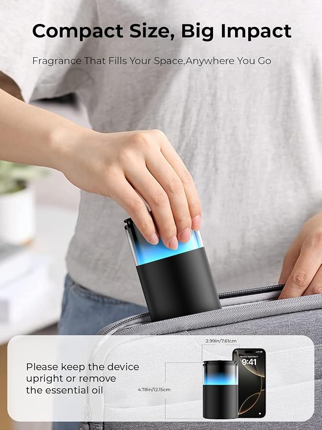 Waterless Essential Oil Diffuser: 𝟗 𝐂𝐨𝐥𝐨𝐫𝐬 𝐋𝐄𝐃 Scent Diffuser for Home&Car&Office - Portable Diffuser with 48H Battery, 4 Timers & 3 Mist Levels, Carbon Black