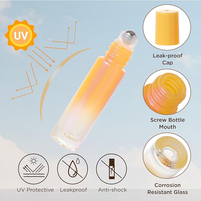 SESENSE Essential Oil Roller Bottles, 10ml Thick Glass Perfume Roller Bottles with Funnel Opener and Dropper Colored Glass Empty Bottles with Stainless Steel Roller Balls (Orange, 4 Pack)