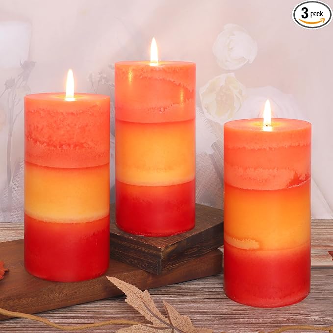 Tall 3x6 Inch Orange Pillar Candles 3 Pack Hand-Crafted Spiced Pumpkin Scented Candles Long Burn Time Dinner for Home Scented Housewarming Thanksgiving Gifts Fall Autumn