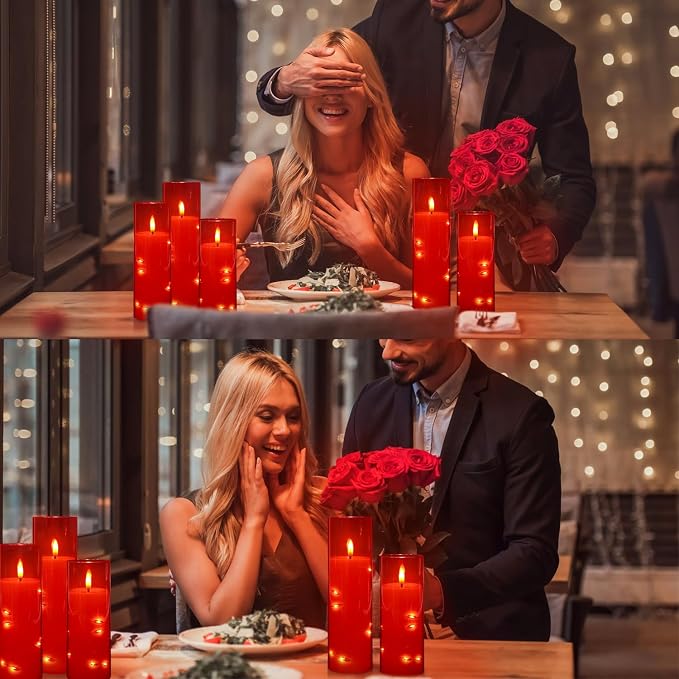 24-Pack Flameless LED Candles with Star String Lights - Red Acrylic Pillar, Realistic Flickering, Remote Control & Timer for Home Decor, Wedding, Christmas
