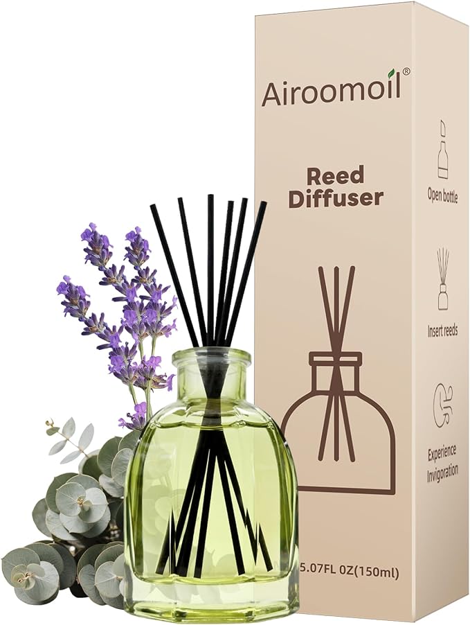 Reed Diffuser Set Eucalyptus & Lavender – 5 fl oz with 6 Reed Sticks, Long-Lasting Home Fragrance for Bathroom, Bedroom, Office, Yoga & Meditation – Flameless & Plug-Free, Ideal Gift