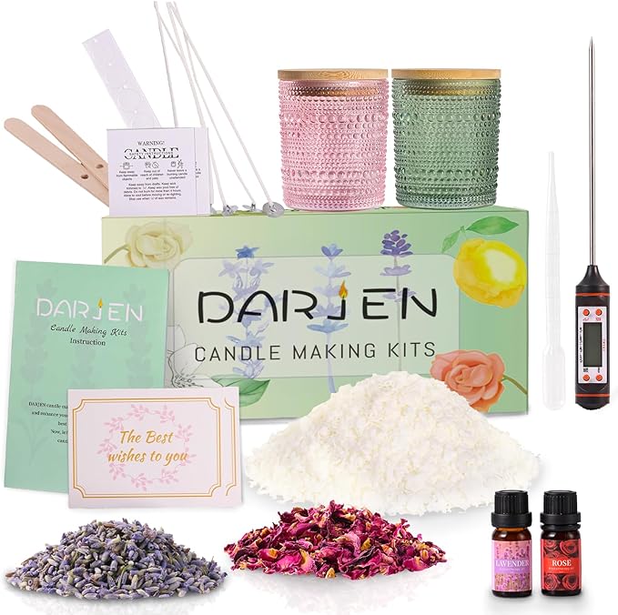 DARJEN Candle Making Kits for Beginners, DIY Starter Scented Candles Making Kit - 2 Glass Jars(Green, Pink), Soy Wax, Scented, Card & More, Full Soy Candle Making Supplies Set Perfect Gifts
