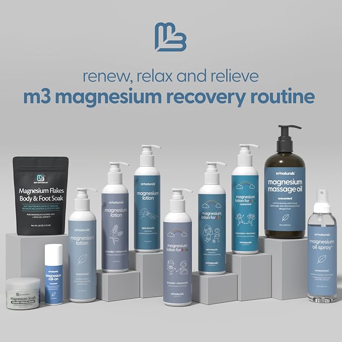 Magnesium Roll On for Adults & Kids, Easy Application for Sore Muscles, Feet, Joints and Leg Cramps, Helps with Sleeping and Post-Workout Recovery, for Sensitive Skin, 3 fl oz, by M3