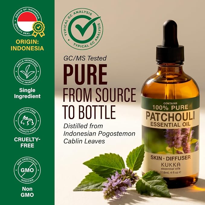 100% Pure Patchouli Oil - 4 Fl Oz Patchouli Essential Oil for Hair, Skin, Diffuser, Aromatherapy & DIY Soap Making Scent