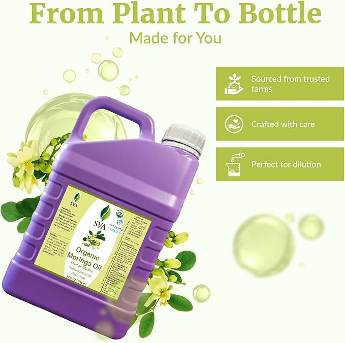 SVA Moringa Seed Oil Organic - 32 Fl Oz – 100% Natural Cold Pressed Moringa Oil - for Face, Skin Care, Hair Care, Scalp Massage & Body Massage – Carrier Oil with Dropper