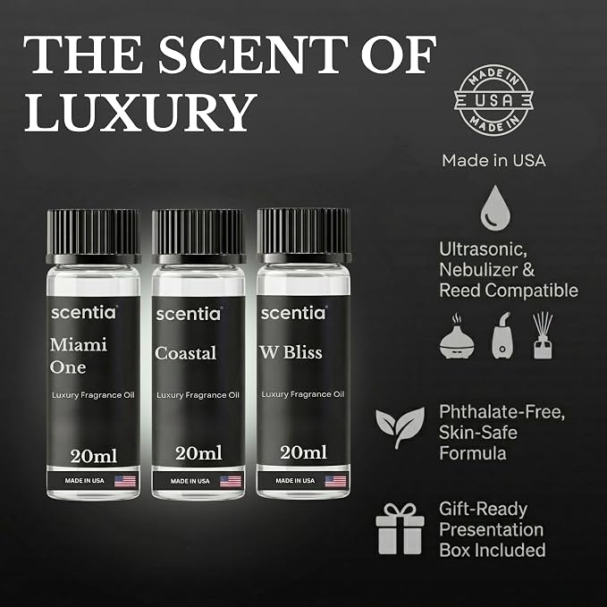 Scentia Hotel Diffuser Oil Gift Set, 3x20ml - Miami One, Coastal & W Bliss Fragrance Oils Inspired by 1 Hotel Miami & W Hotel - Made in USA, IFRA Certified - Aromatherapy Discovery Set