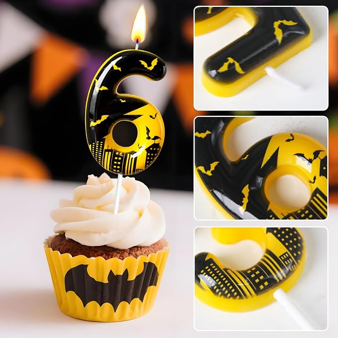 Black Yellow Number 6 Birthday Candle for Cake – Dark Night Hero Style with Bat & City Silhouette Design – Unique Cake Topper for Birthday, Anniversary, Themed Party Decoration