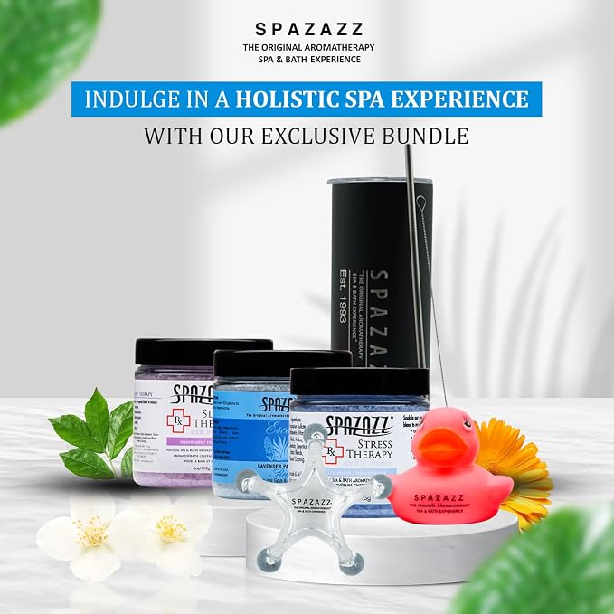 Spazazz Hot Tub Aromatherapy Spa Gift Set – Three 4 Oz Bath Salts in Sleep, Stress and Lavender Palmarosa with Tumbler, 5 Point Massager & Rubber Duck Bath Gift Set- Relaxing Gifts for Women