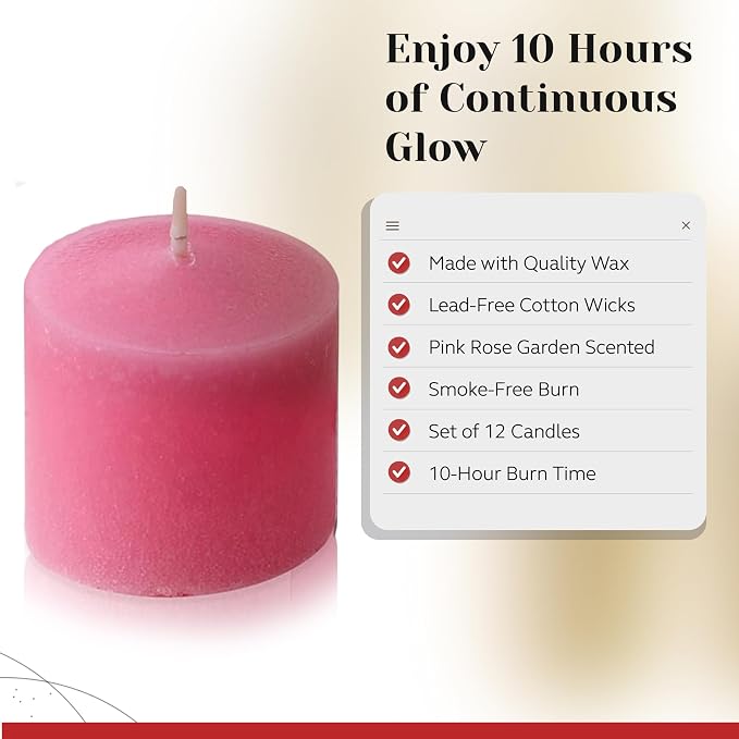 Pink Rose Garden Scented Votive Candles, Set of 12-1.25" Wax Candles for Home, Scented 10 Hour Burn Time - Aromatherapy, Spa Ambiance, Table Centerpieces & Home Décor