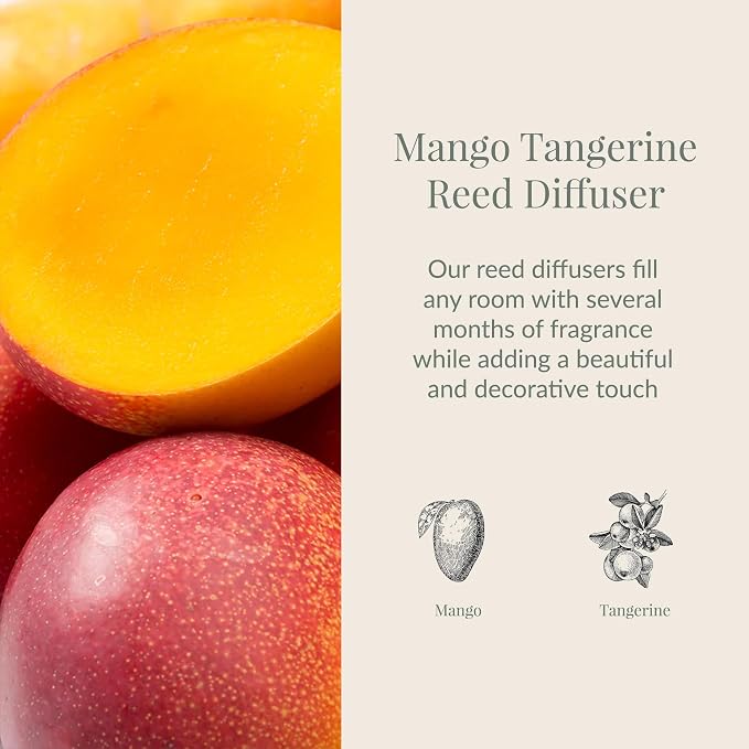 Archipelago Botanicals Mango Tangerine Reed Diffuser, Home Fragrance Reed Diffuser, Includes Fragrance Oil, Decorative Wooden Cap & 10 Diffuser Reeds, Perfect for Home, Office or Gift, 7.85 fl oz