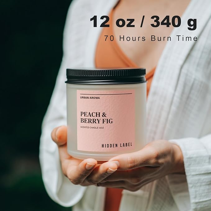 Hidden Label Peach Berry Fig Soy Candle, 12oz 2-Wick, 70H Fruity Warmth | Non-Toxic Natural Wax, Paraben & Phthalate-Free, Clean Burn | Elegant Home Decor & Gift-Ready | Stress Relief & Mood Uplift