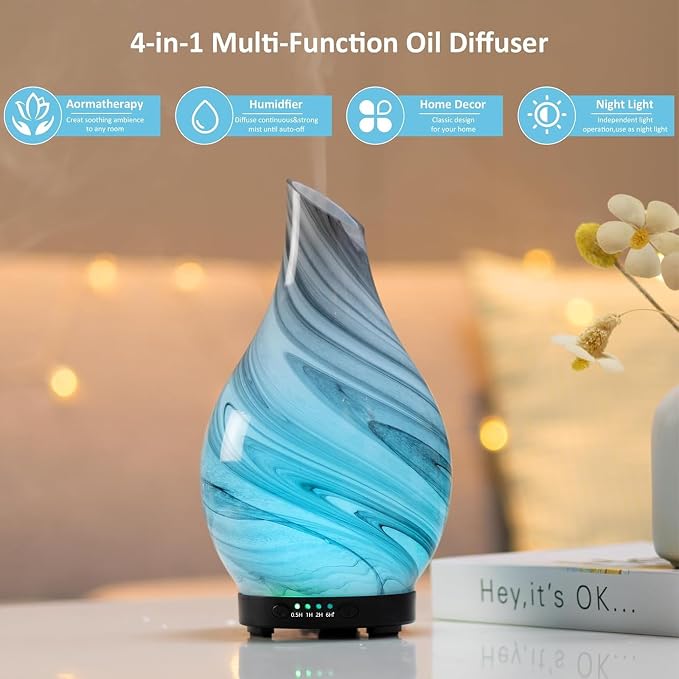 Aromatherapy Essential Oil Diffuser for Home- Art Glass Diffuser for Essential Oils with Waterless Auto Shut-Off 4 Timer 7 Colors LED Night Light for Home Office Decor Gifts for Women