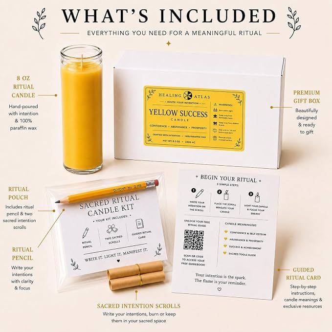 Yellow Success Manifestation Candle Kit – 8" Ritual Prayer Candle with Intention Scrolls, Pencil & QR Guide for Success, Confidence, Motivation & Achievement