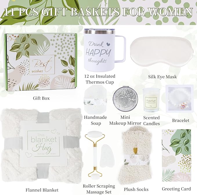 Birthday Gifts Basket for Women, 11 PCS Care Package with Luxury Blanket and Tumbler, Relaxing Spa Self Care Gifts Basket for After Surgery, Get Well Gifts for Women, Thinking of You Gifts for Her