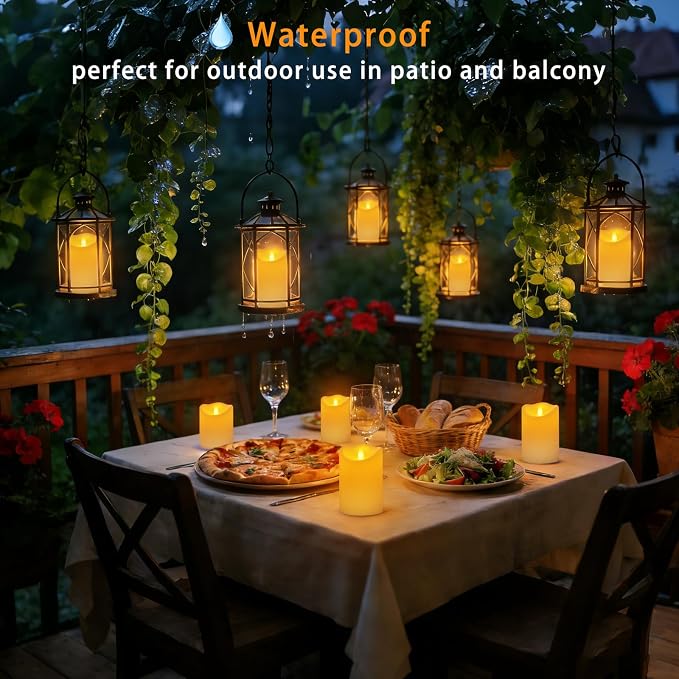 Outdoor Indoor Flameless Candles, Patented 3D Dual-LED, Set of 6 Slanted Top Durable Plastic Pillars with 2 Remotes & Timer, Non-Melting Waterproof Battery Candles for Patio Garden (Ivory)