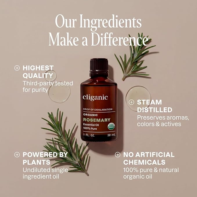 Cliganic Organic Rosemary Essential Oil for Hair, Skin, Aromatherapy - 100% Pure Natural Undiluted | Non-GMO Verified