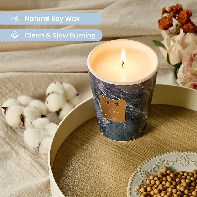 M&SENSE Ocean Breeze Scented Soy Candle, 3 Wick Highly Scented 14.1 Oz 75H, Aromatherapy Christmas Gift for Women and Men