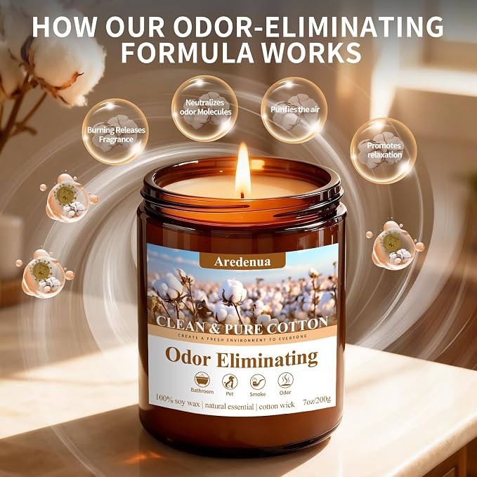 Clean & Pure Cotton Odor Eliminating Candles | Eliminates 95% of Pet, Smoke, Food & Other Smells – Fresh Air Scented Candle Gentle for Family - Up to 50 Hour Burn time - 7 Oz Natural Soy Wax