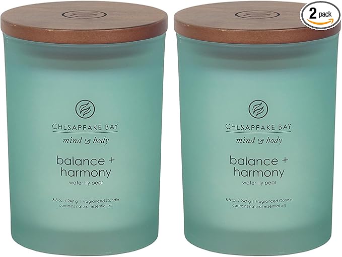 Chesapeake Bay Balance + Harmony Scented Candles Water Lily Pear Fragrance Medium Size Natural Soy Wax 50 Hours Burn Time Pack of 2