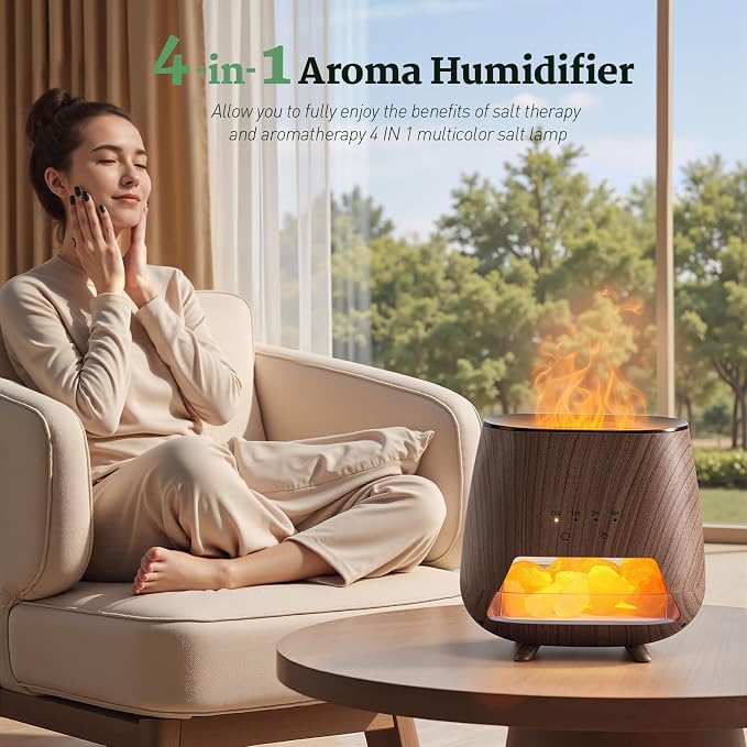 JJNJJN Essential Oil Diffuser for Home: 200ml Aromatherapy Diffuser with Himalayan Pink Salt Rock, Cool Mist Humidifier with Auto Off Function and 9 Colors LED Night Light for Bedroom, Black
