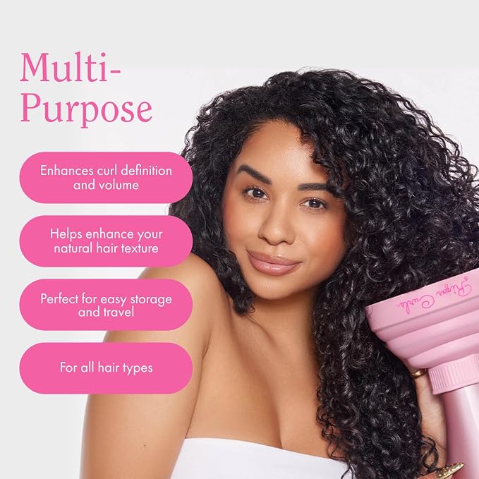 Rizos Curls Collapsible Hair Diffuser, Dry Curls Evenly & Faster, Enhances Curl Definition, Volume, and Minimize Frizz, Universal Size Fits Most Hair Dryers, Pink