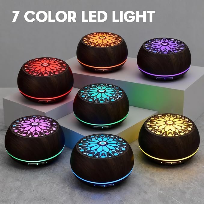550ml Large Capacity Essential Oil Diffuser with 6 Aromatherapy Oils Set,Ultrasonic Air Humidifier with Timer and 7 Color LED Night Light Waterless Auto-Off Dark Wood Grain