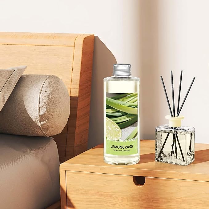 STRN Reed Diffuser Essential Oil Refill, Lemongrass Scent 200ml with Sticks, Long-Lasting Aromatherapy, Summer Fragrance Liquid with Eco-Friendly Bottle for Home, Bedroom, Spa