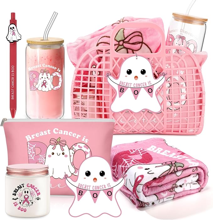 Roshtia 7 Pcs Breast Cancer Theme Jelly Basket for Women Throw Blanket Glass Mug Candle Jar Makeup Bag Plastic Handbag with Pen Card Gift for Breast Cancer Survivor