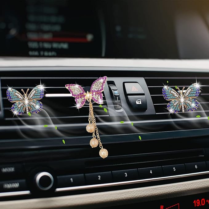 Bling Butterfly Air Vent Clips, 4 Pcs Crystal Pendant Fresheners, Diffuser Diamond Decoration, Cute Interior Decor Accessories for Women