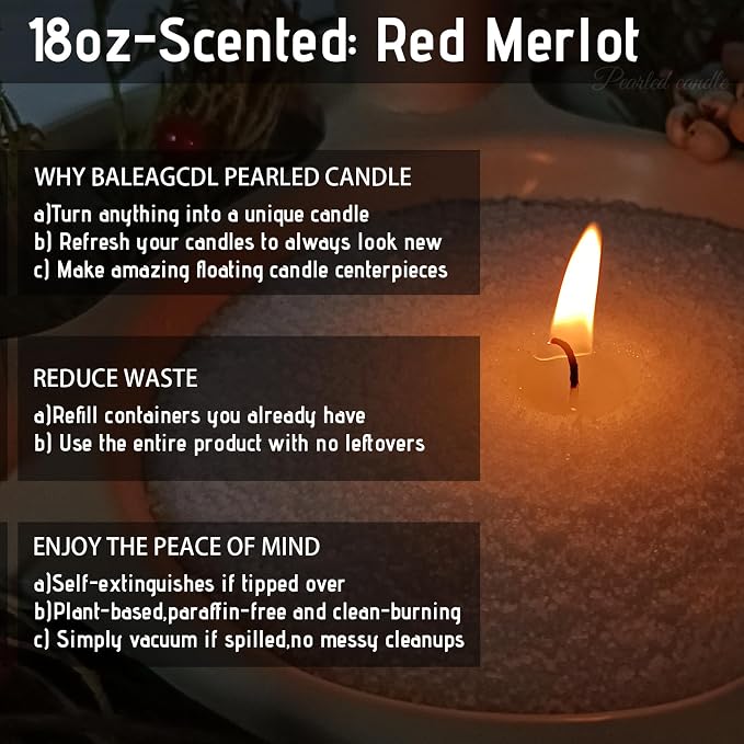 Velvet Merlot Pearled Candle 18 Oz (1.1lb) with 30 Wicks - Merlot Wine Scented Sand Candles White Refillable Wax Lasts Up to 120 Hours Smooth and Clean Burning for DIY Candle Making