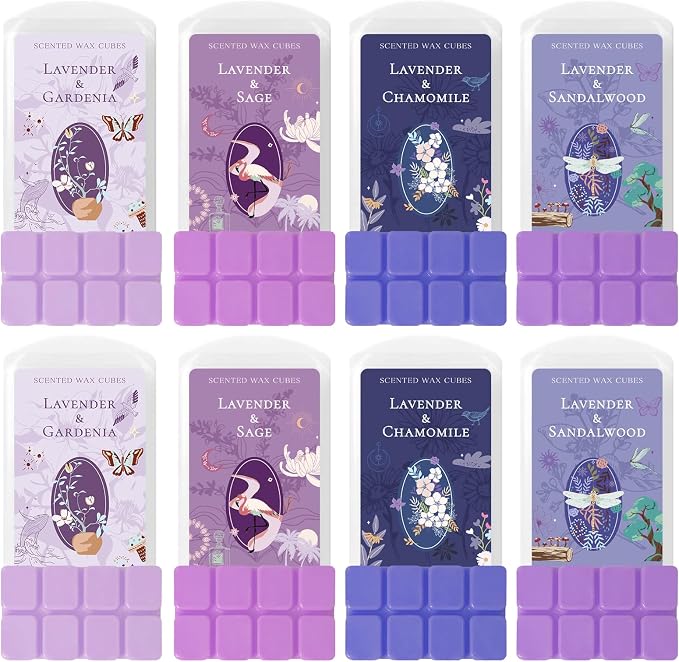 SCENTORINI Wax Melts, Wax Cubes Strong Scent, Summer Scents, Lavender Scented Wax for Sleep, Wax Melts for Warmer, 2*Lavender & Gardenia, Sage, Chamomile, Sandalwood, 2.5 oz 8-Pack