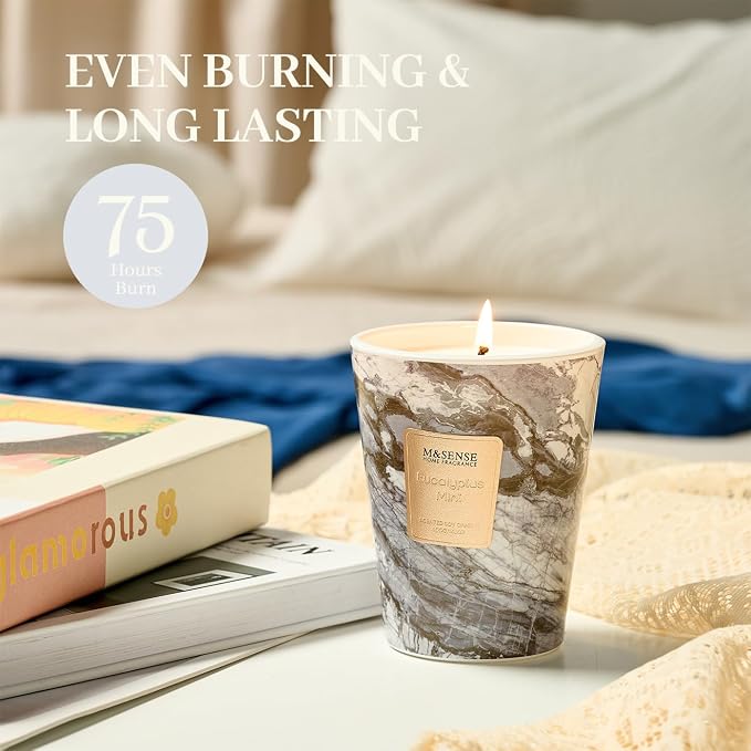 M&SENSE Eucalyptus Mint Scented Soy Candle, 3 Wick Highly Scented 14.1 Oz 75H, Aromatherapy Christmas Gift for Women and Men