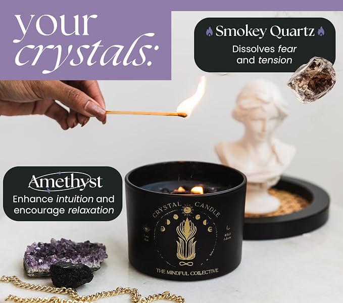 Large Candles for Women - 12oz Soy Wood Wick Candles that Crackle with Crystals and Healing Stones. Non-Toxic Scented, Luxury Aromatherapy (Crystal Black Candle)