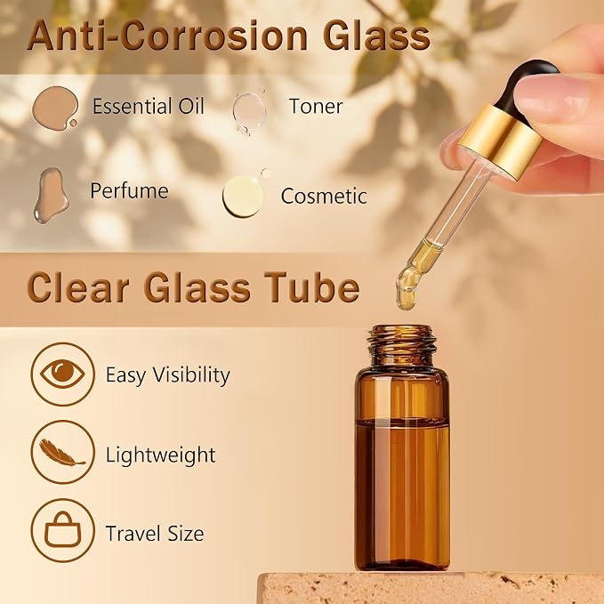 Elfenstall- 10pcs 10ml 1/3oz Gold Amber Glass Bottle Sample Vial with Glass Eye Dropper Refillable Containers for Essential oils Perfume oils or other Liquids