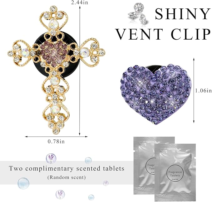 2 PCS Bling Car Vent Clip, Crystal Rhinestone Cross and Heart Car Air Fresheners Vent Clips, Diamond Car Air Conditioner Outlet Decoration Charm for Women, Car Accessories (Purple)