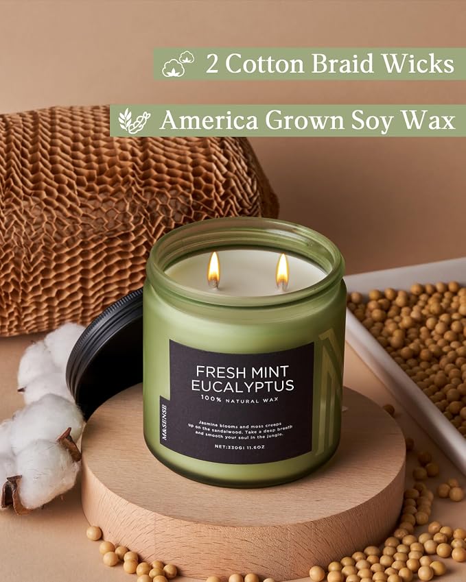 M&SENSE Eucalyptus & Mint Home Scented Candles, 11.6oz Organic Non Toxic Soy Candle, 70-Hour Long Burning, Aromatherapy Gifts for Stress Relief Relaxation Meditation, Natural Smelling for Men Women