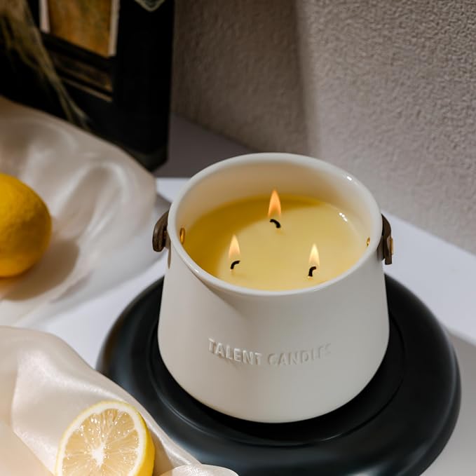Candles for Home Scented - Scandinavian Style 3 Wick Candle - Long-Lasting Ceramic Candle Jar - Soy Candles Non Toxic with Minimalist Design - Teak Mahogany